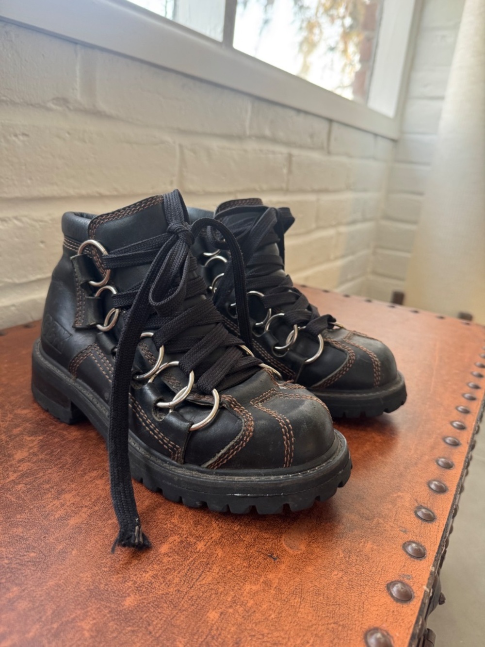 Vintage GBX Black Leather Ring Harness Combat Boots Y2K Grunge Size 6 - Picture 8 of 12